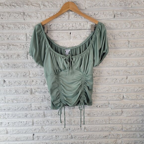 Rue 21 Womens Top XL Crop Green Puff Sleeve On Off Shoulder Ruched GRE23E - Picture 1 of 7